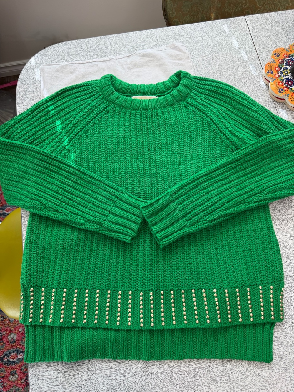 Michael Kors kelly Green Ribbed Crewneck Sweater with Stud Detail